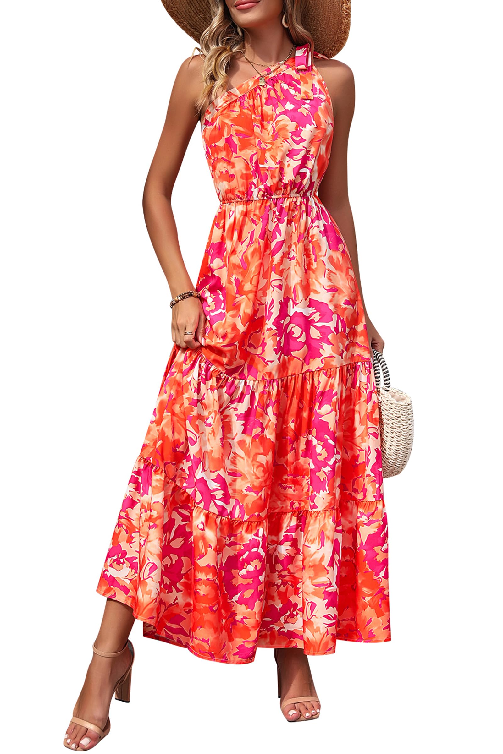 PRETTYGARDEN Women's Summer Floral One Shoulder Maxi Dress Knot Ruffle Boho Beach Vacation Wedding Guest Long Sun Dresses