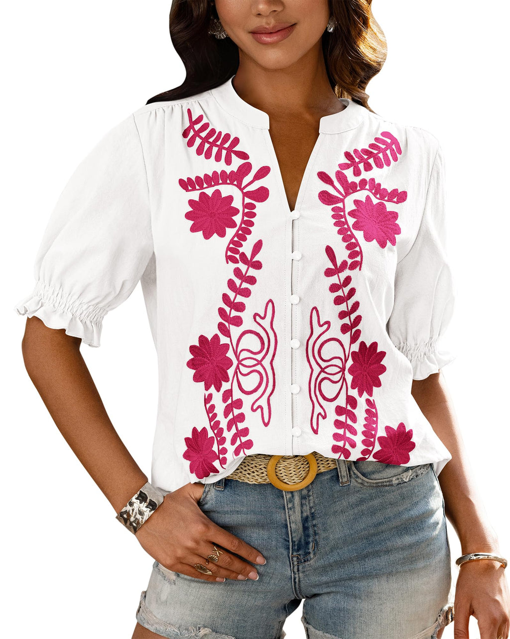 BTFBM Women's Spring Tops Casual Floral Boho V Neck Puff Short Sleeve Button Down Shirts Embroidered Blouses Tunic