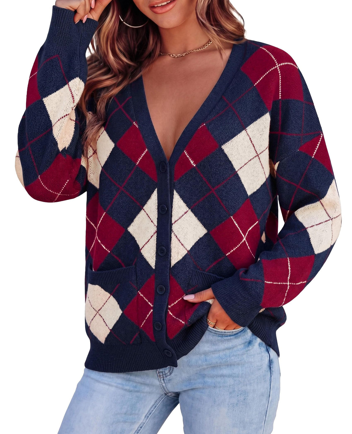 PRETTYGARDEN Women's Cardigan Argyle Winter Sweaters Cozy Warm Chunky Knit, Long Sleeve V Neck, Color Block Plaid, Button Up Pocket,Trendy Fall Jackets, Holiday Going Out Outfits
