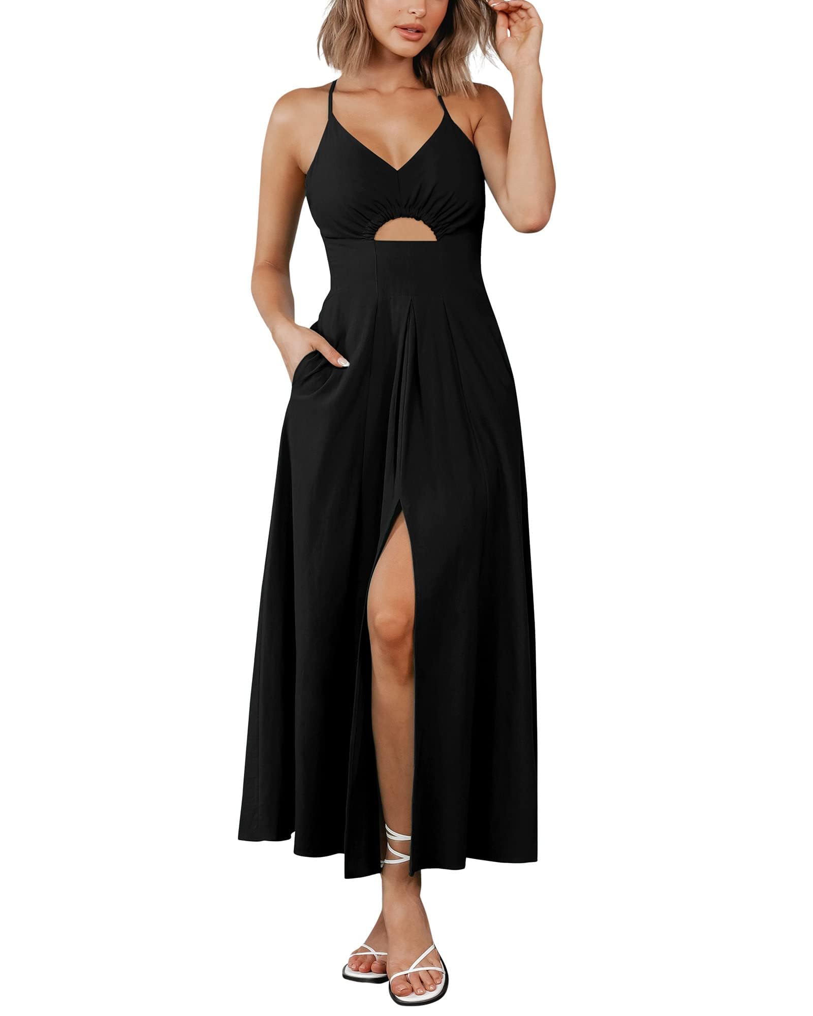 BTFBM Women Spaghetti Strap Midi Summer Dresses Sleeveless V Neck Cutout Slit Casual Beach Party Maxi Dress Pockets