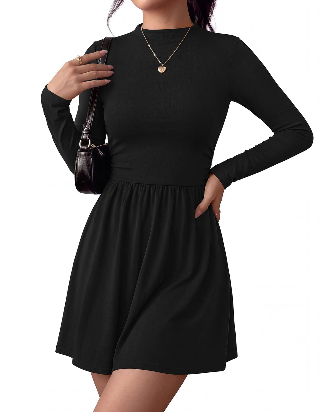 BTFBM Long Sleeve Dresses for Women Mock Neck A Line Flowy Mini Dress Swing Pleated Hem,Cocktail Party Club Holiday Going Out Outfits,Dressy Casual Winter,Trendy Early Fall Fashion Clothing