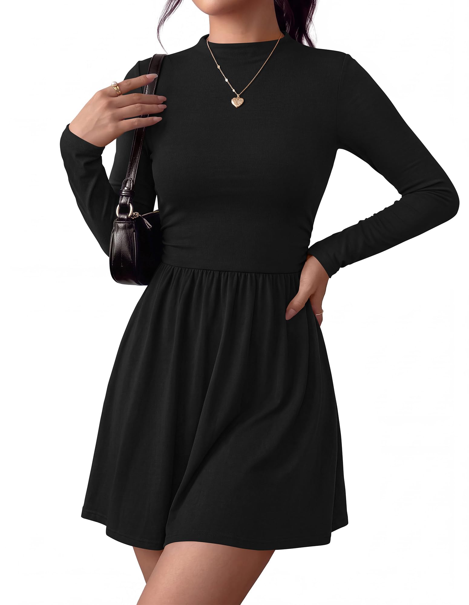 BTFBM Long Sleeve Dresses for Women Mock Neck A Line Flowy Mini Dress Swing Pleated Hem,Cocktail Party Club Holiday Going Out Outfits,Dressy Casual Winter,Trendy Early Fall Fashion Clothing