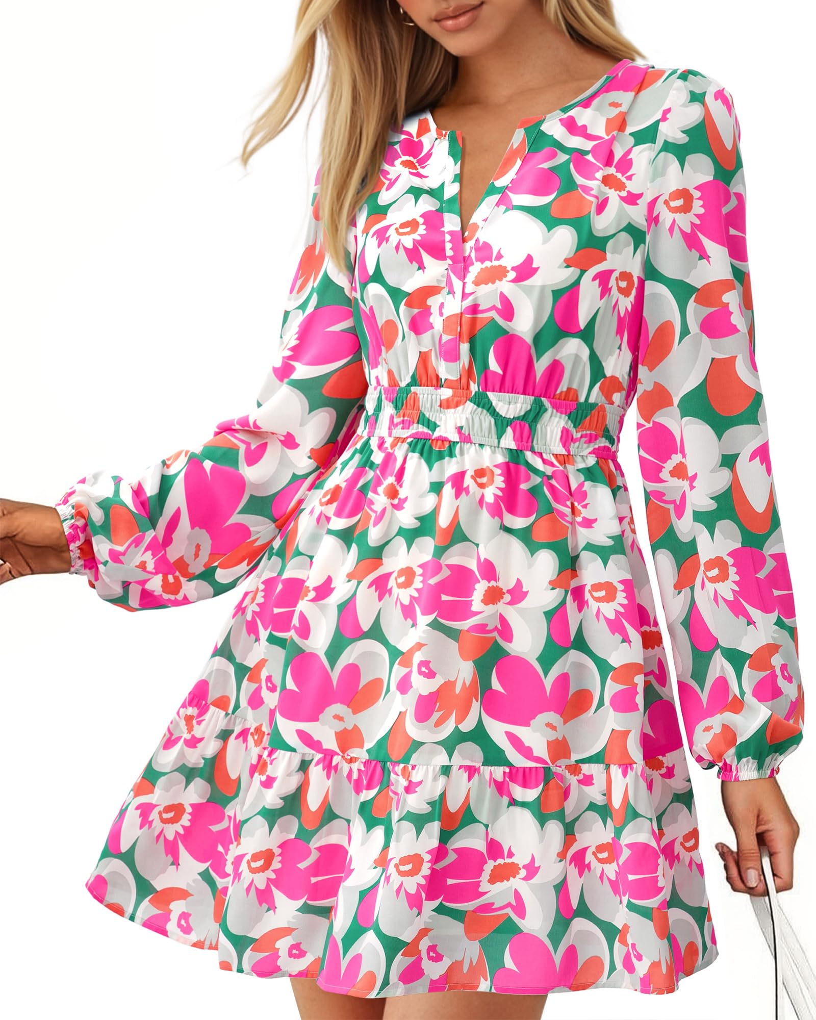 BTFBM Spring Dresses for Women Mini Long Sleeve Elastic Waist Summer Vacation Outfits Floral Wedding Guest Dress