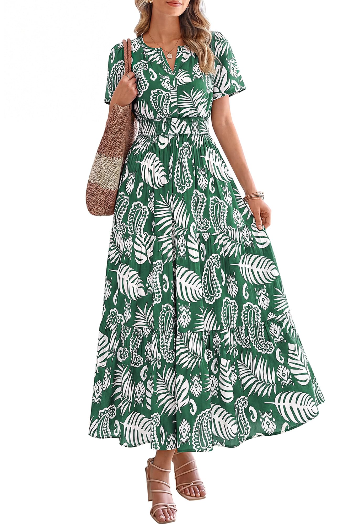 BTFBM Womens Summer Floral Maxi Dresses V Neck Short Sleeve Boho Casual Flowy Long Wedding Guest Dress Beach Vacation