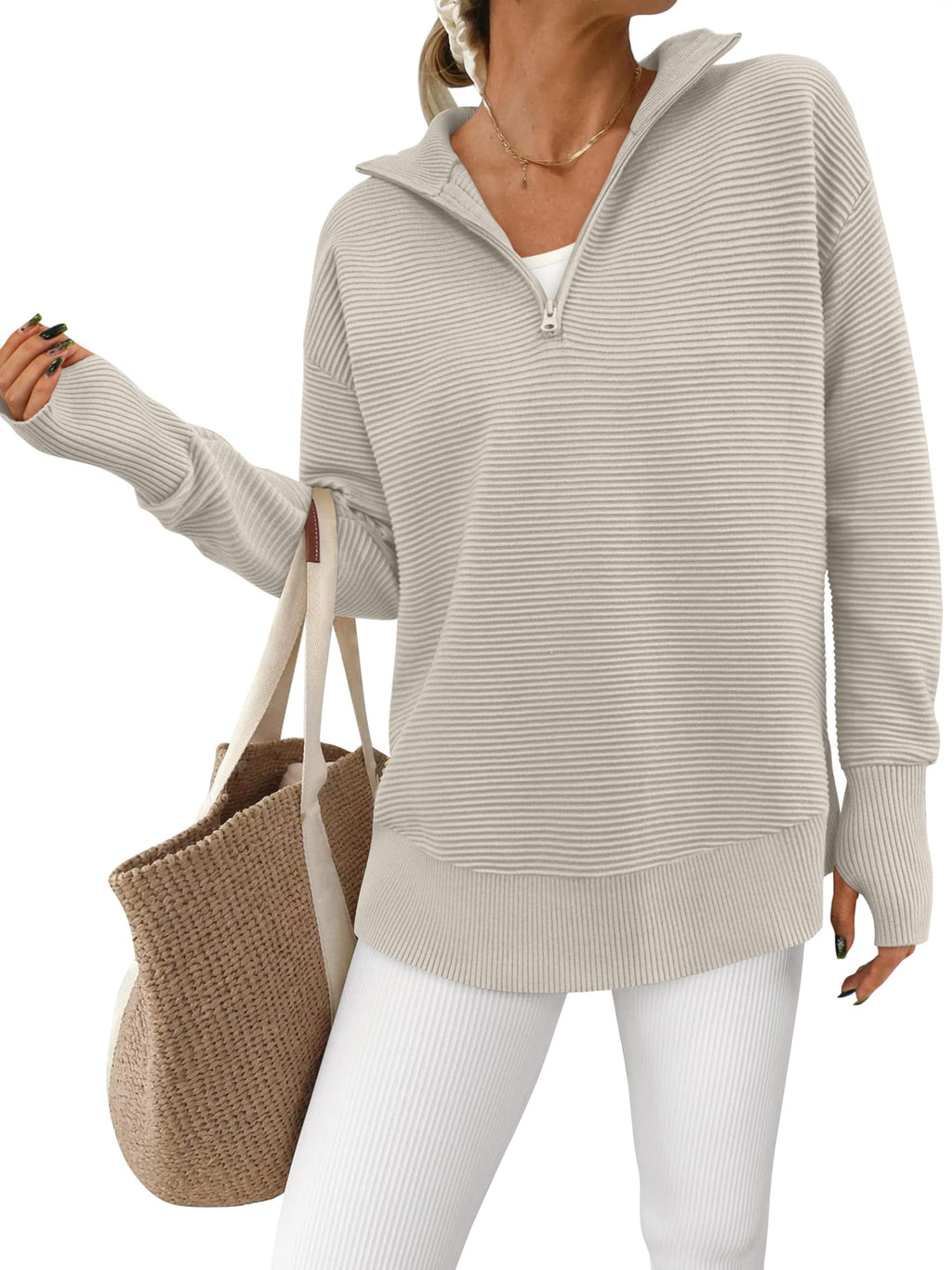 PRETTYGARDEN Womens Long Sleeve Quarter Zip Pullover Sweater Casual Loose V Neck Collared Ribbed Knit Jumper Tops Thumb Hole