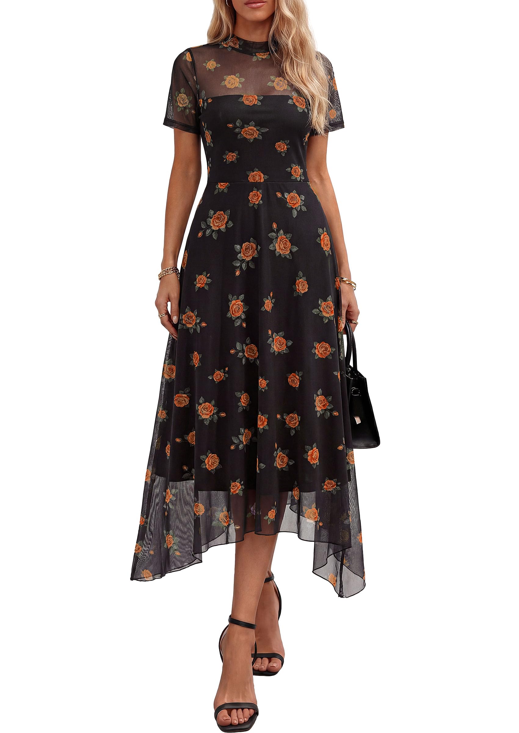 PRETTYGARDEN Cocktail Dresses for Women  Summer Short Sleeve Floral Mesh Sheer Midi Party Wedding Guest Dress