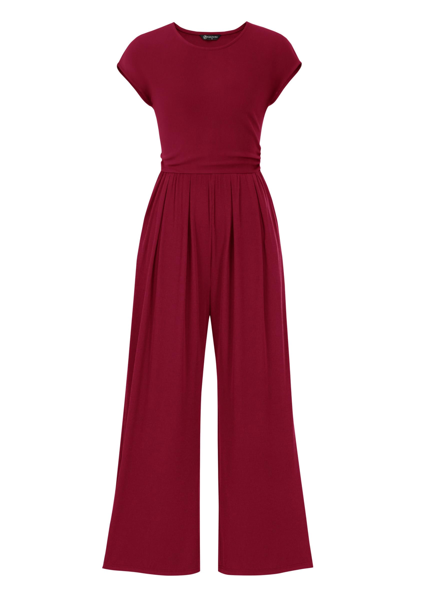 PRETTYGARDEN Summer Jumpsuits for Women Dressy Ribbed Cap Sleeve Wide Leg Pants Rompers Elegant Casual One Piece Outfits