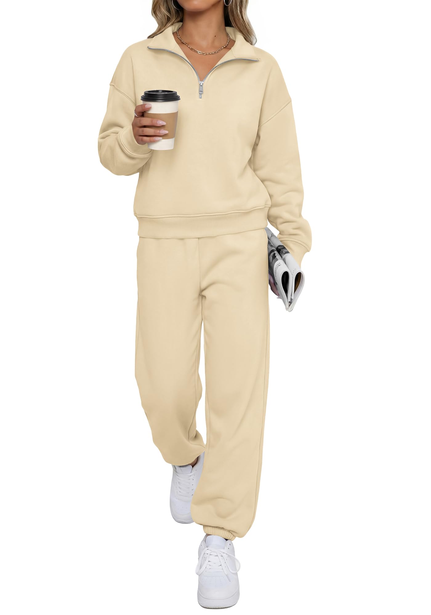BTFBM Womens 2 Piece Outfits Sweatsuit Fleece Lounge Sets Quarter Zip Pullover Sweatshirt,Baggy Jogger Sweatpants,Fall Fashion Clothing,Airport Travel Matching Sweat Set