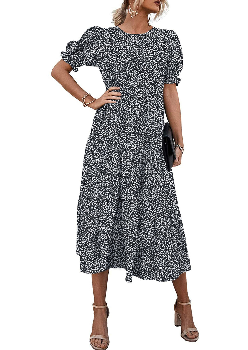 PRETTYGARDEN Summer Dresses for Women Casual Floral Boho Midi Sun Dress Puff Short Sleeve Flowy Beach Vacation Sundress