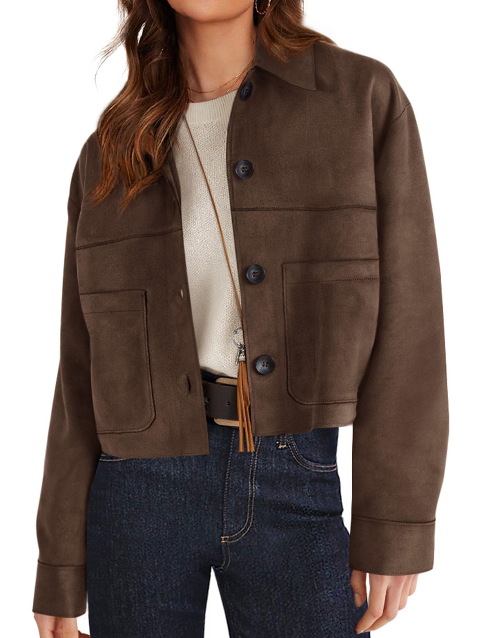 PRETTYGARDEN Women's Faux Suede Cropped Jacket Casual Lightweight Fall Fashion Winter Coats Outerwear Trendy Clothes