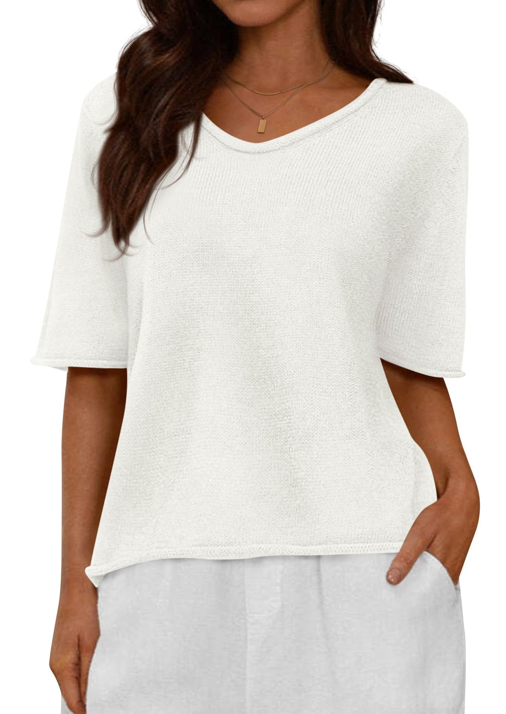 FreshPretty Sweaters for Women Summer Oversized Half Short Sleeve Knitted Pullover V Neck‌ Casual Loose Fit Spring Tops