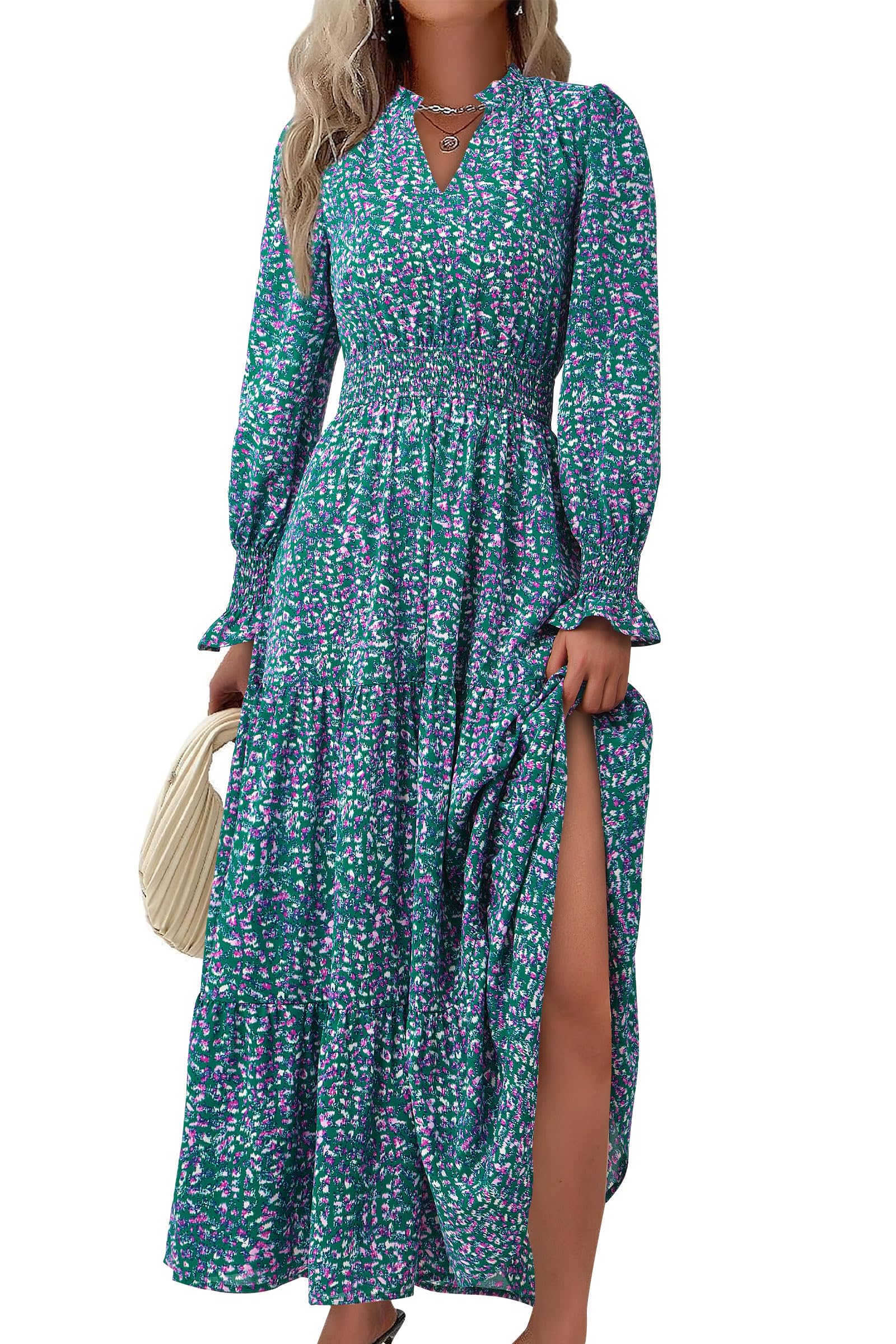 PRETTYGARDEN Women's Floral Maxi Dress Fall Long Sleeve V Neck Casual A Line Long Flowy Boho Party Dresses