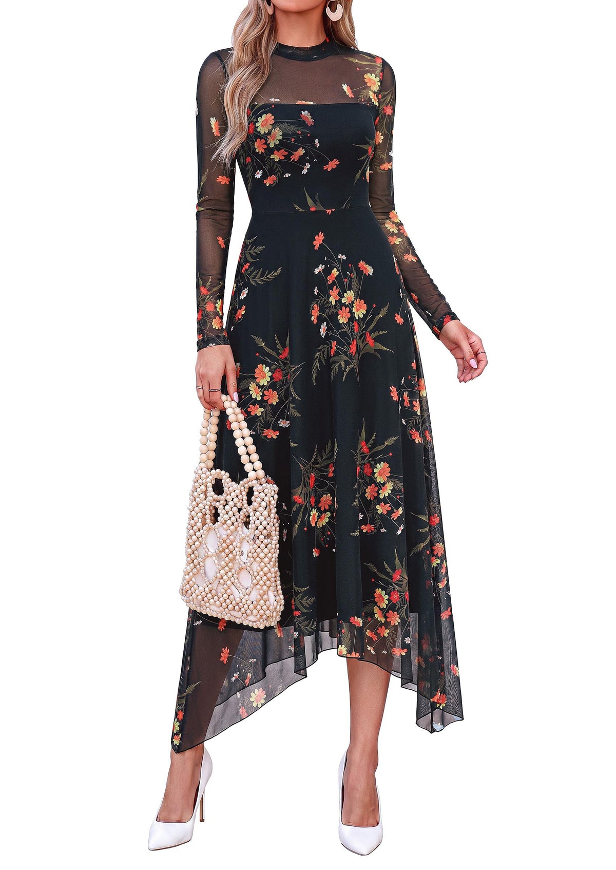 PRETTYGARDEN Women's Floral Mesh Midi Dress