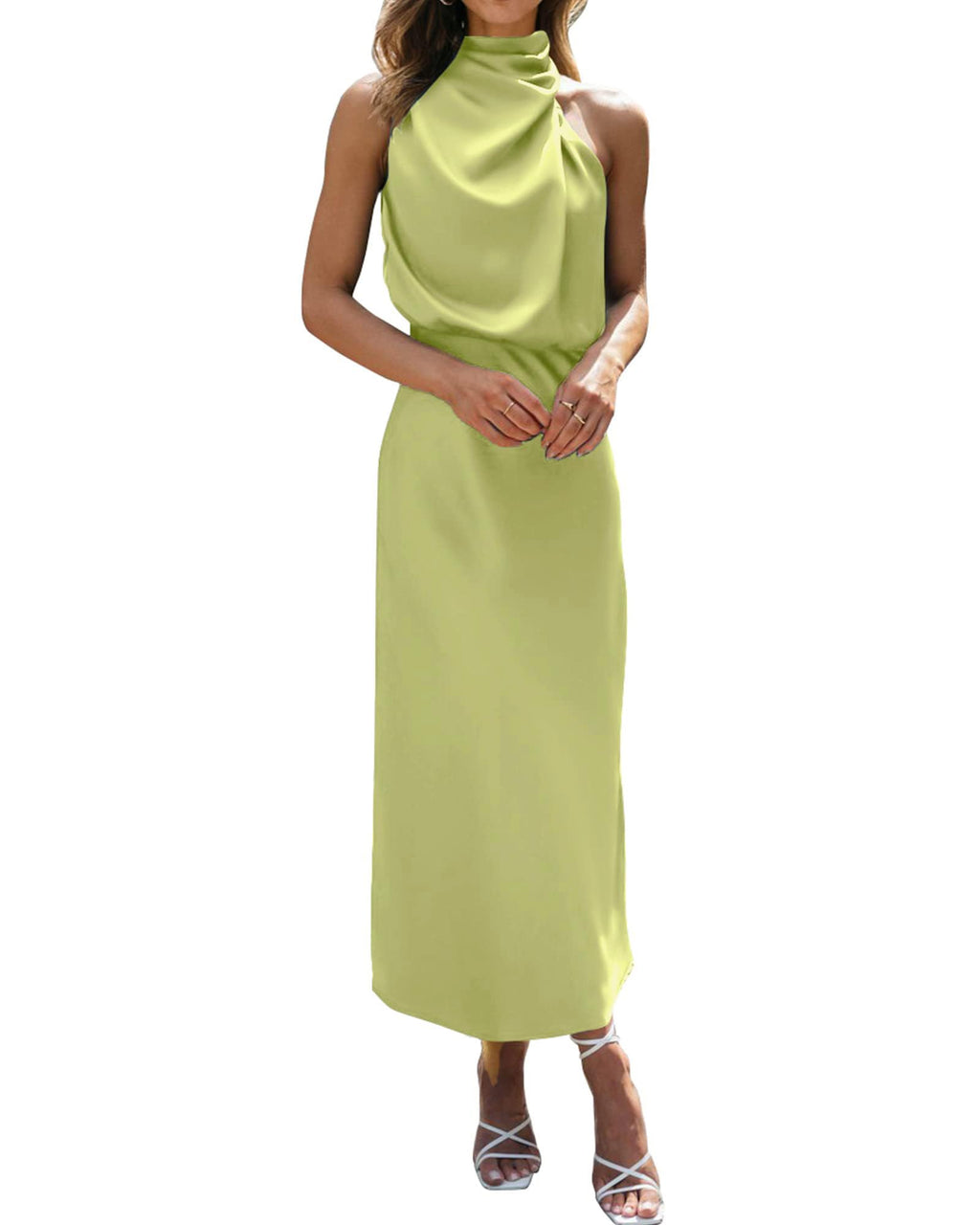 BTFBM Cocktail Dresses for Women Summer Satin Silk Sleeveless Mock Neck Maxi Wedding Guest Dress Spring Outfits