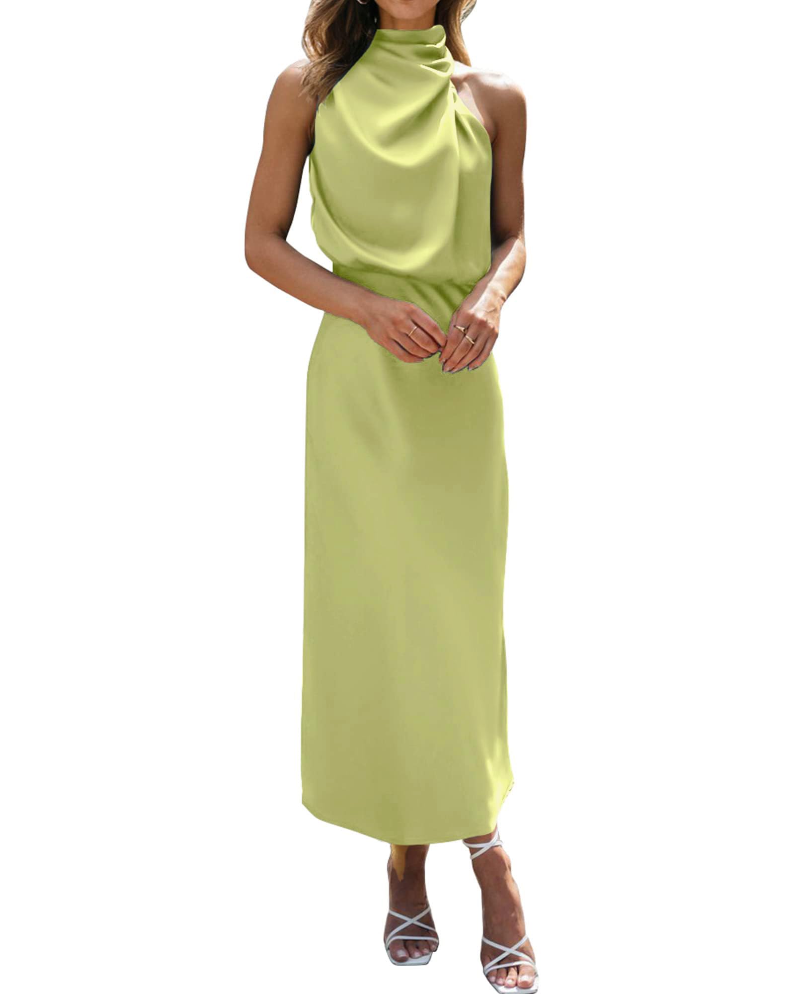 BTFBM Cocktail Dresses for Women Summer Satin Silk Sleeveless Mock Neck Maxi Wedding Guest Dress Spring Outfits