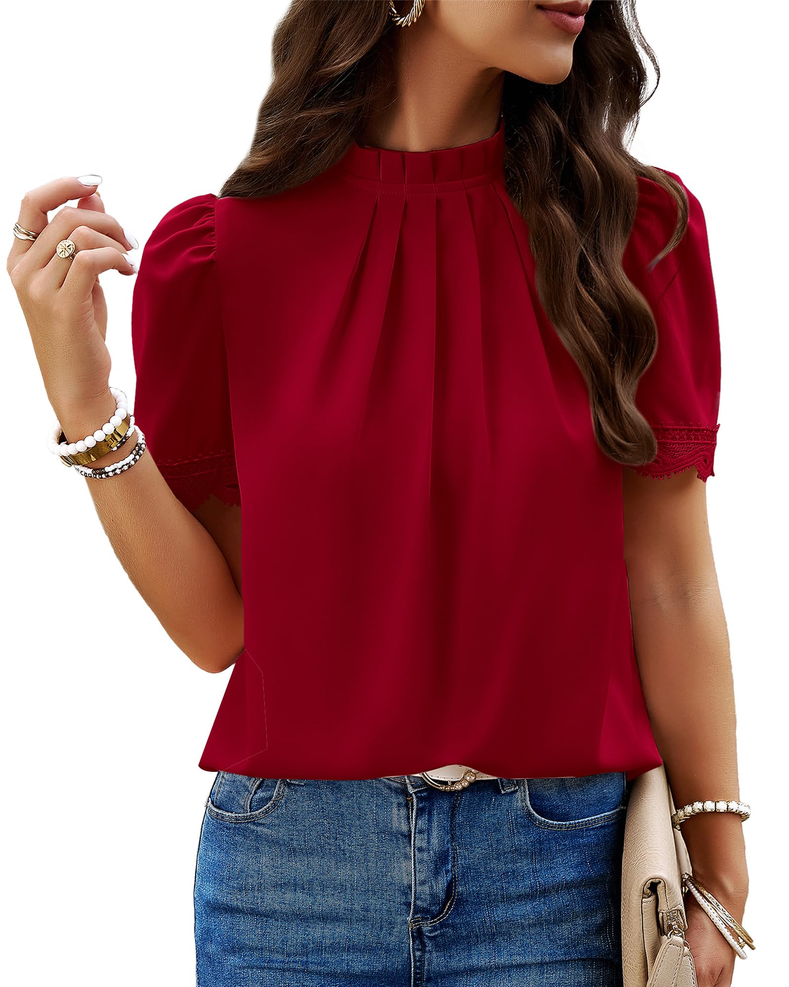 FreshPretty Women's Dressy Casual Blouses Business Work Tops Lace Trim Short Sleeve Office Shirts Summer Spring Outfits