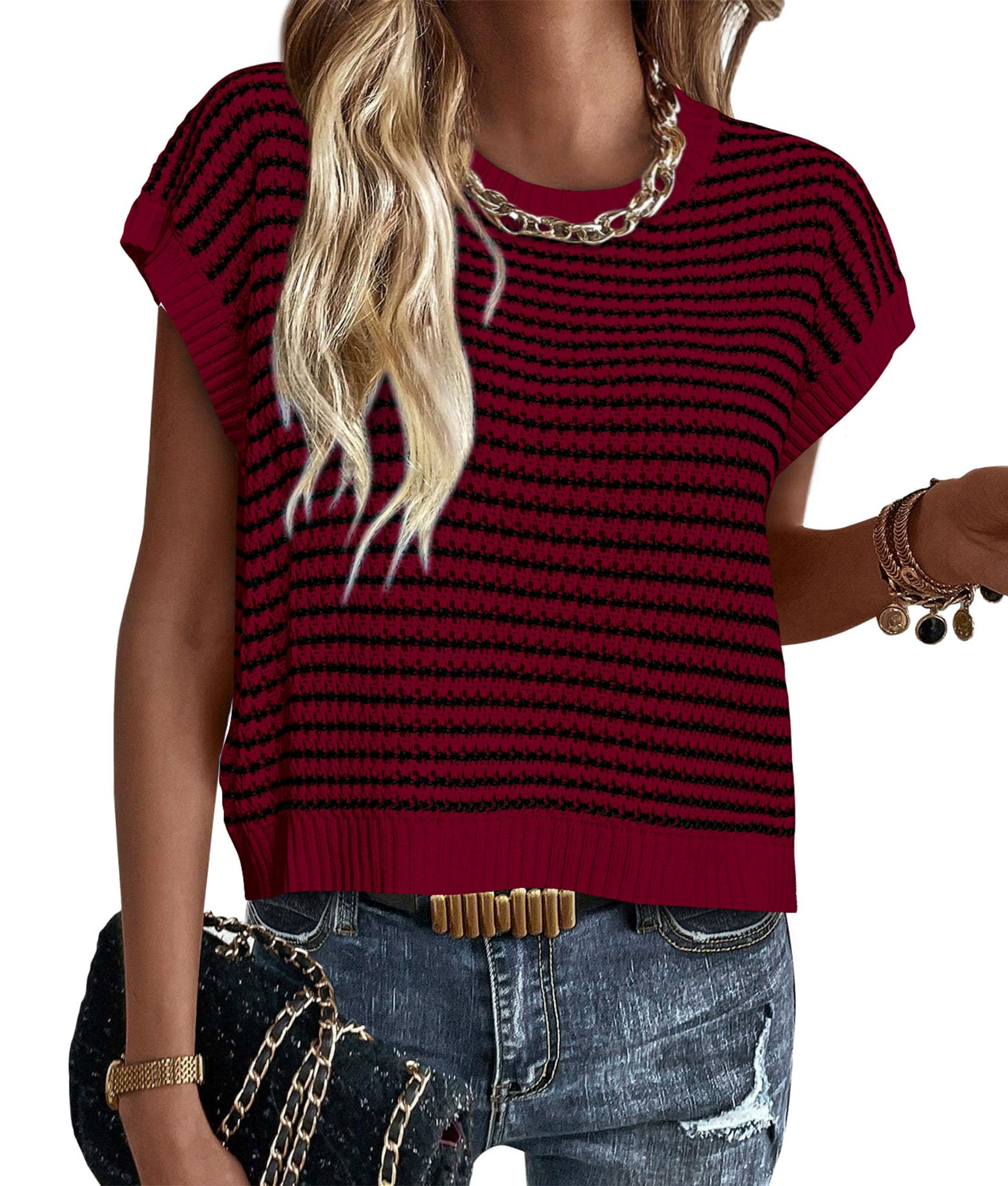PRETTYGARDEN Womens Short Sleeve Sweater Spring Summer Round Neck Striped Pullover Cap Sleeve Knit Sweater Vest Tops