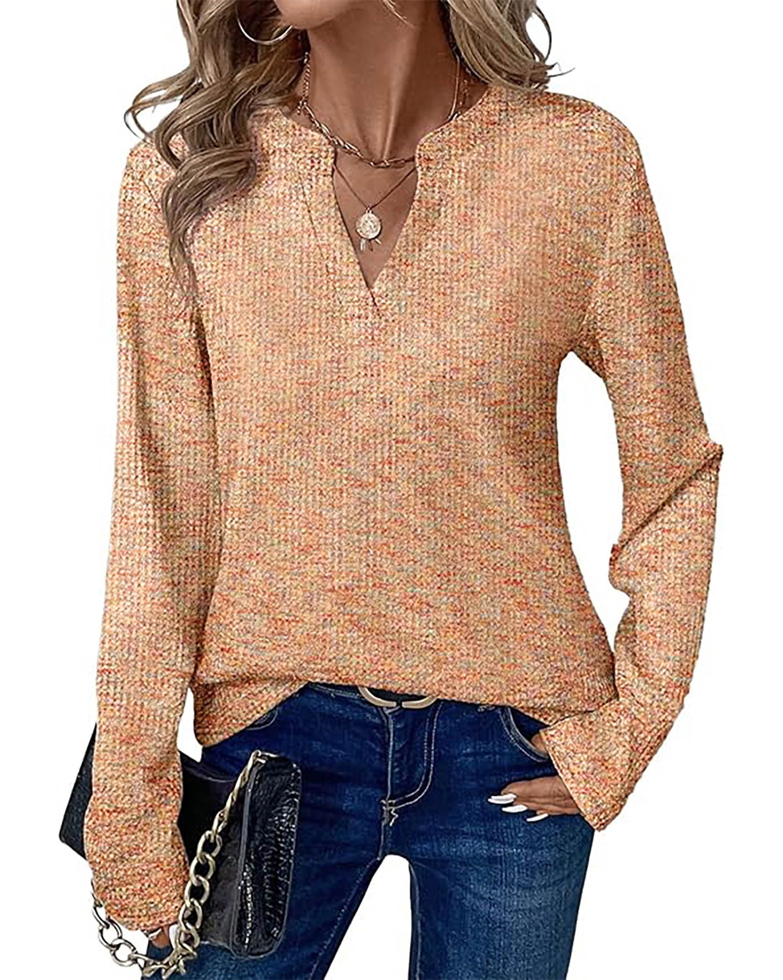FreshPretty Waffle Knit Tops V Neck Long Sleeve Blouses for Women Dressy Casual Henley Work Shirts Spring Fall Clothes