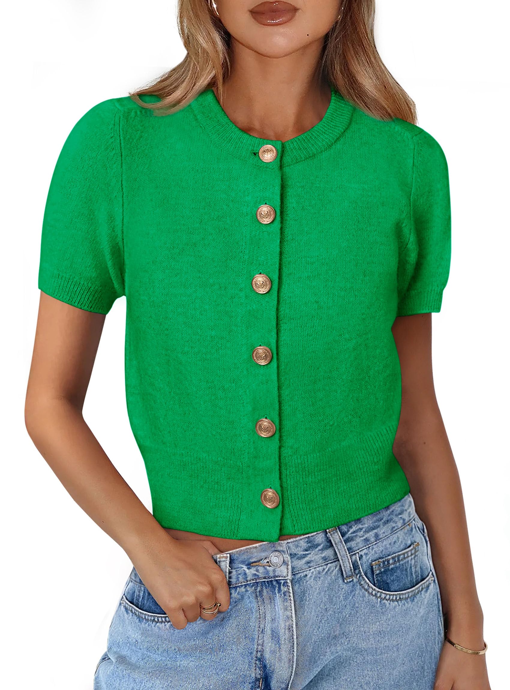 PRETTYGARDEN Womens Casual Summer Short Sleeve Cardigans Button Down Knitted Sweater Basic Crew Neck Crop Tops
