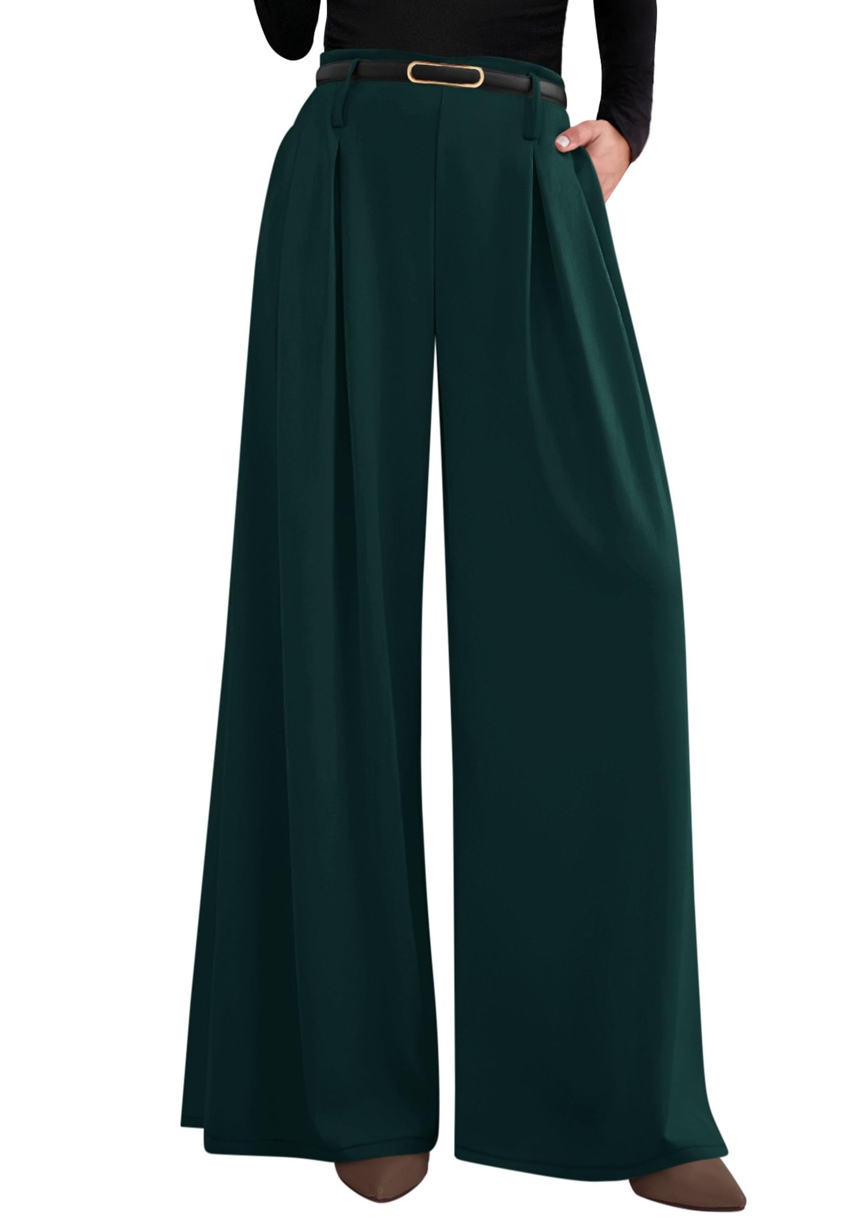 PRETTYGARDEN Womens Spring Wide Leg Trousers High Elastic Waist Loose Pleated Long Flowy Palazzo Work Pants with Pockets