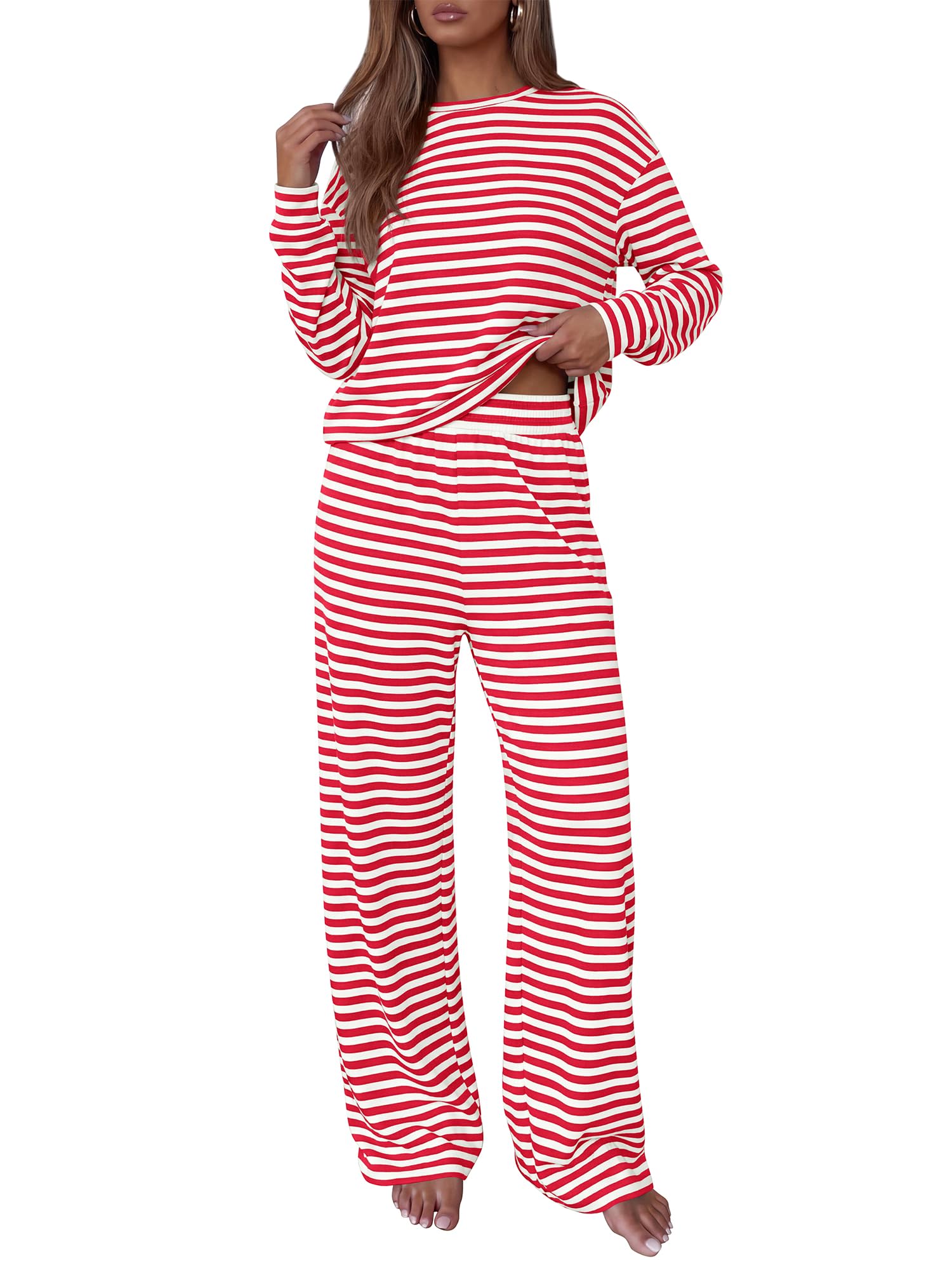 BTFBM Striped Lounge Set Sweatsuits Women 2 Piece Outfit | Womens Pajama Sets, Crew Neck Sweatshirt and Wide Leg Pants, Pockets, Airport, Travel, Vacation Outfits, Fall Winter Clothes