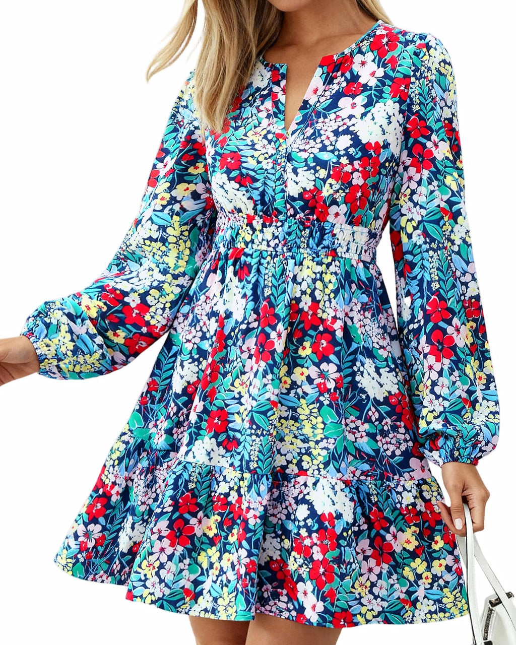 BTFBM Spring Dresses for Women Mini Long Sleeve Elastic Waist Summer Vacation Outfits Floral Wedding Guest Dress