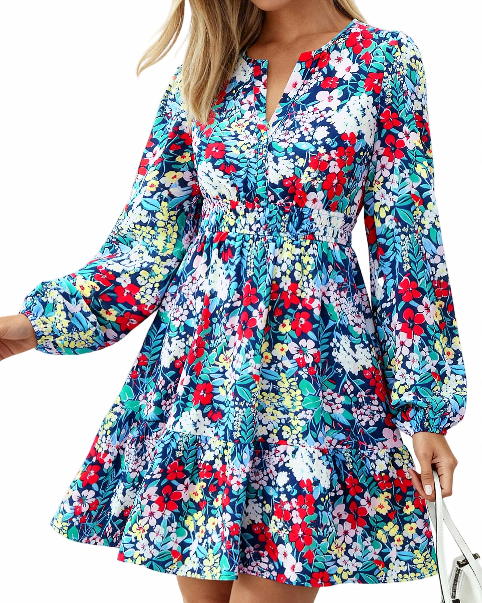 BTFBM Spring Dresses for Women Mini Long Sleeve Elastic Waist Summer Vacation Outfits Floral Wedding Guest Dress