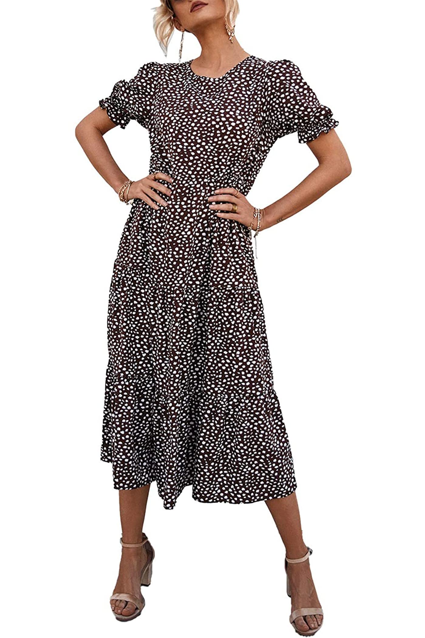 PRETTYGARDEN Summer Dresses for Women Casual Floral Boho Midi Sun Dress Puff Short Sleeve Flowy Beach Vacation Sundress