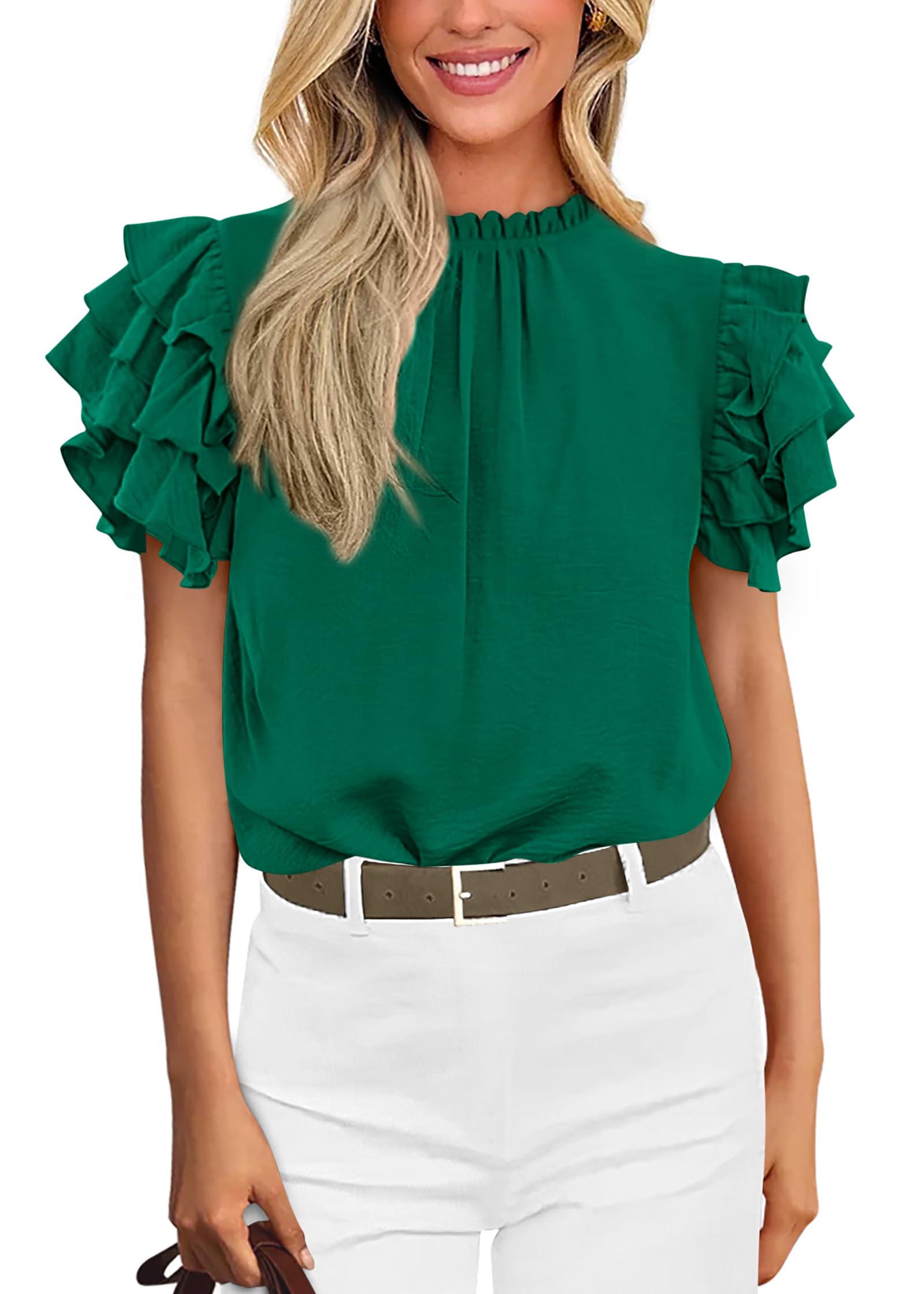 FreshPretty Blouses for Women Dressy Casual Spring Summer Ruffle Short Sleeve Mock Neck Work Shirts Tops Fashion Clothing