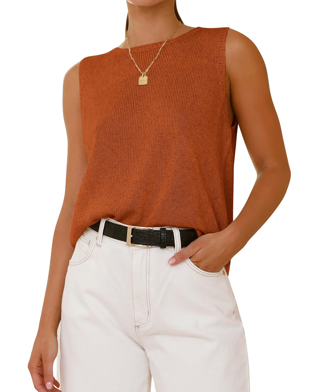 FreshPretty Women's Sleeveless Sweater Vest Summer Crew Neck Ribbed Knit Lightweight Pullover Casual Loose Fit Tank Tops