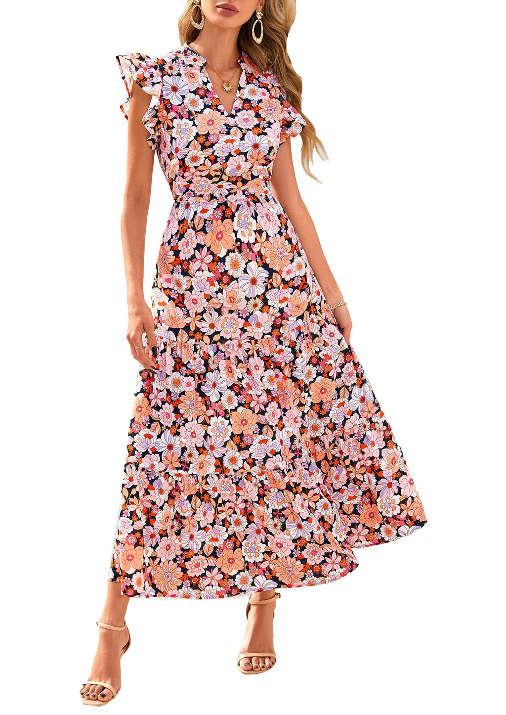 Visit the PRETTYGARDEN Store PRETTYGARDEN Women's Summer Floral Midi Dress Cap Sleeve V Neck Ruffle Long Flowy Boho Casual Beach Vacation Dresses