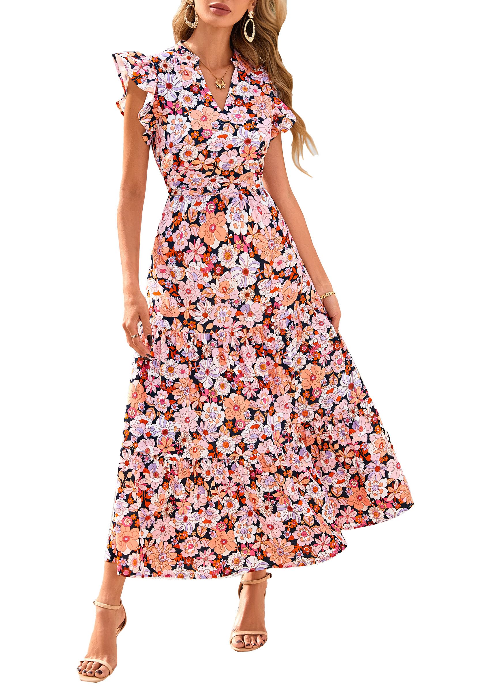 Visit the PRETTYGARDEN Store PRETTYGARDEN Women's Summer Floral Midi Dress Cap Sleeve V Neck Ruffle Long Flowy Boho Casual Beach Vacation Dresses