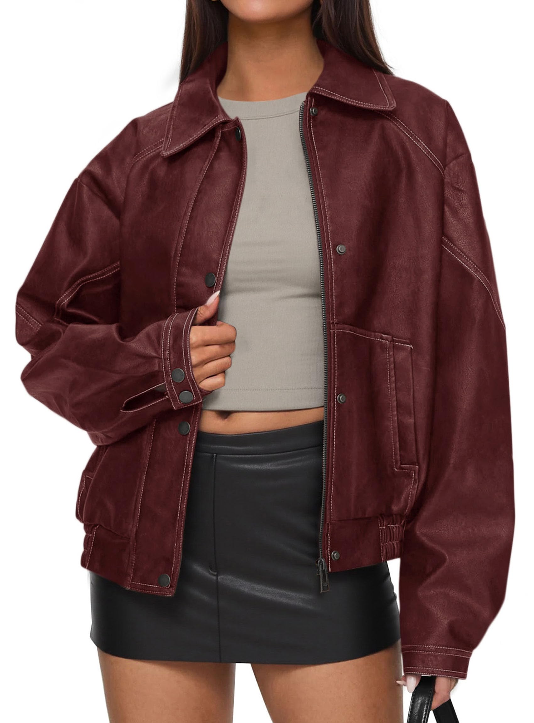 PRETTYGARDEN Faux Leather Jacket Women Bomber Motorcycle Zip Up Jackets Oversized Fall Fashion Outfits  Winter Coats