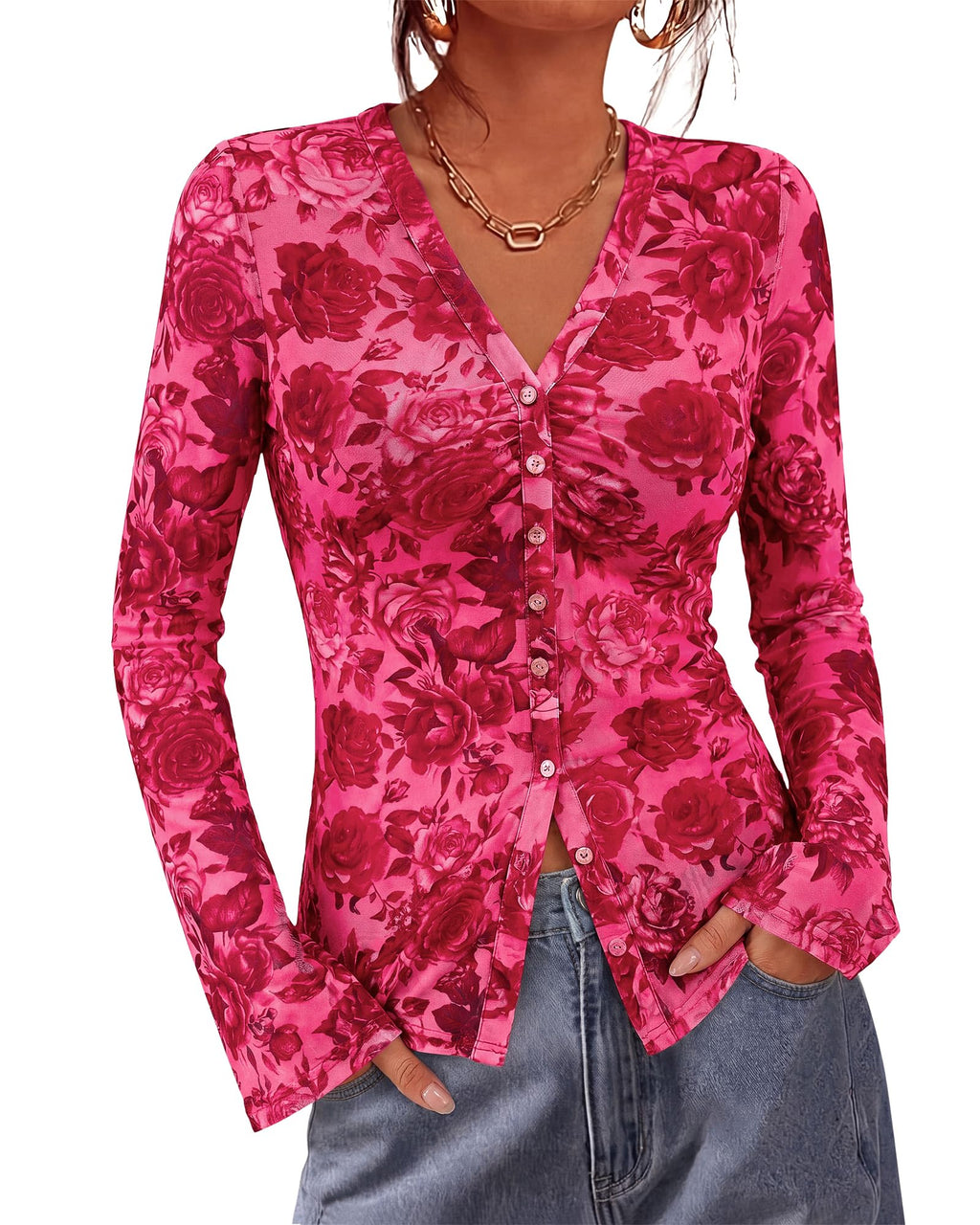 BTFBM Button Down Shirts for Women Spring Boho Tops V Neck Long Sleeve Blouses Ruched Mesh Fitted Fall Fashion