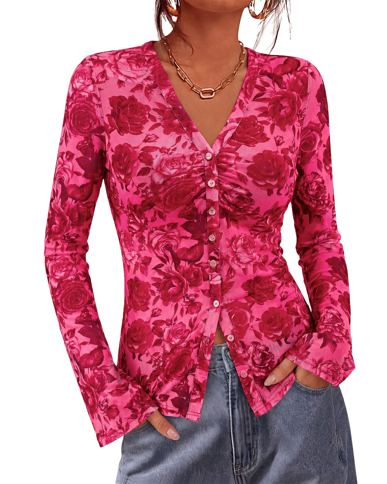 BTFBM Button Down Shirts for Women Spring Boho Tops V Neck Long Sleeve Blouses Ruched Mesh Fitted Fall Fashion
