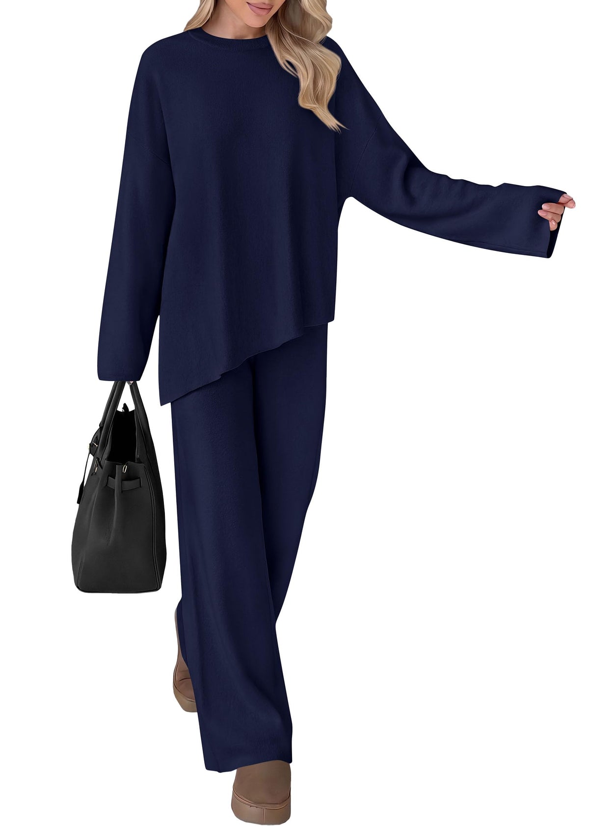 PRETTYGARDEN Womens Fall 2 Piece Asymmetric Cozy Sweater Travel Lounge Sets Crewneck Drop Shoulder Tops, Wide Leg Pants, Soft Casual Knit Matching Set,Vacation Airport Holiday Outfits