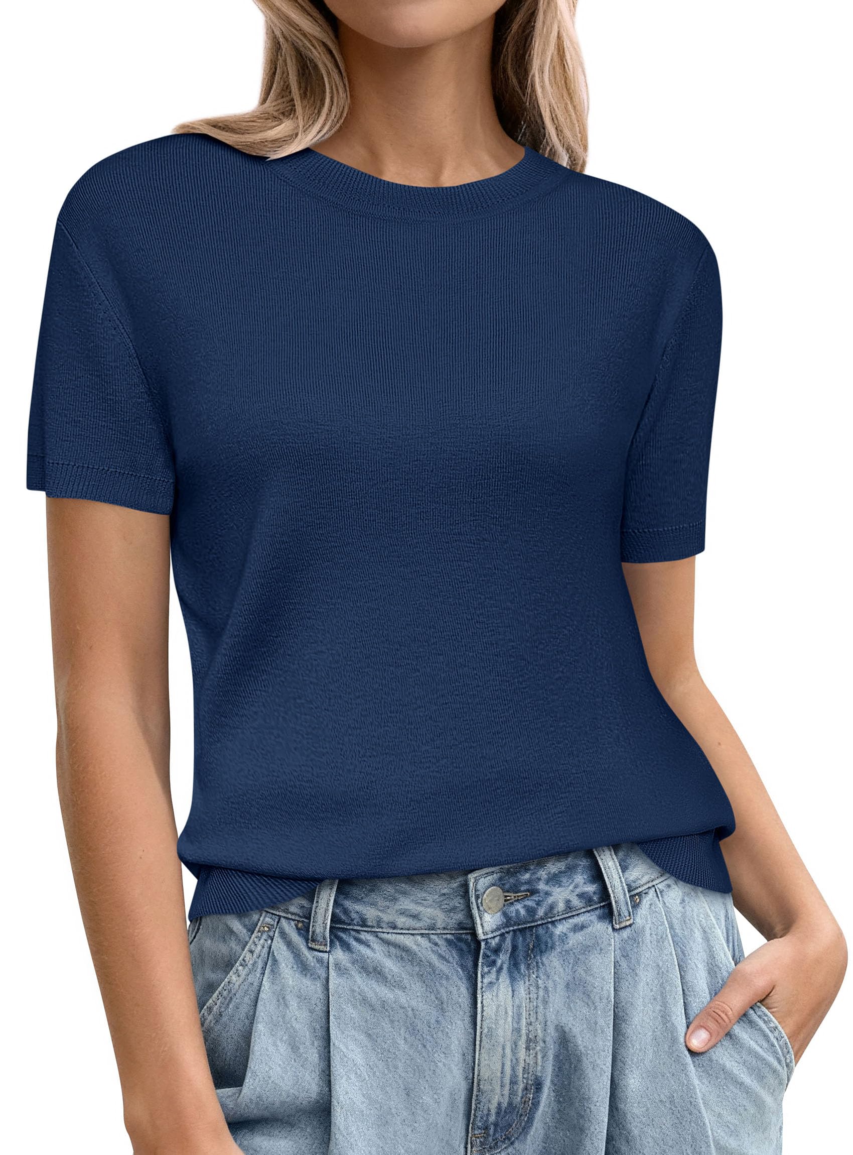PRETTYGARDEN Women's Short Sleeve Sweaters Spring Crew Neck Knit Work Shirts Business Casual Tops Summer Fashion Clothes