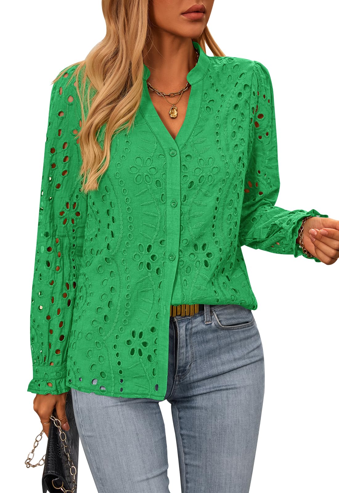 FreshPretty Women's Long Sleeve Shirts Button Down Dressy Casual Blouses V Neck Embroidery Hollow Out Tops Fall Winter Clothes