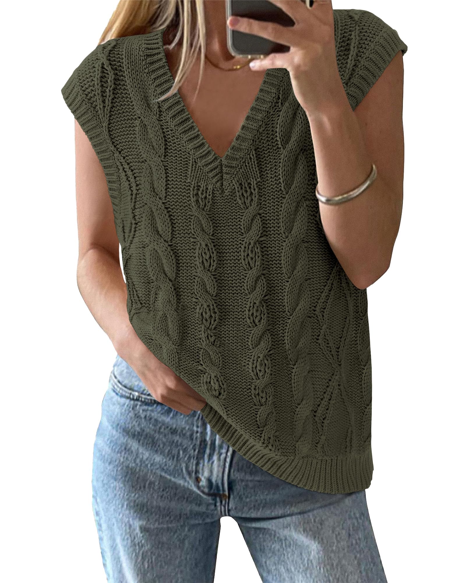 FreshPretty Sweater Vest Women Oversized V Neck Cable Knit Casual Pullover Sweaters Fall Outfits Sleeveless Tops
