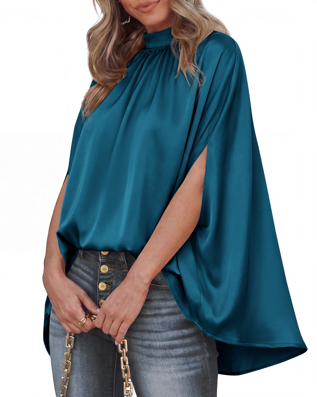 BTFBM Womens Summer Tops Mock Neck Batwing Sleeve Silk Satin Shirts Loose Oversized Dressy Casual Spring Blouses