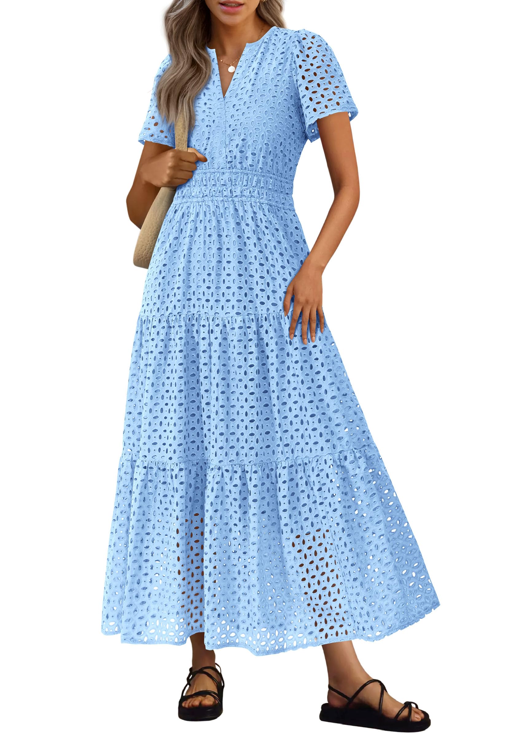 PRETTYGARDEN Womens Summer Maxi Dress Short Sleeve V Neck Hollow Out Eyelet A Line Long Flowy Beach Vacation Dresses
