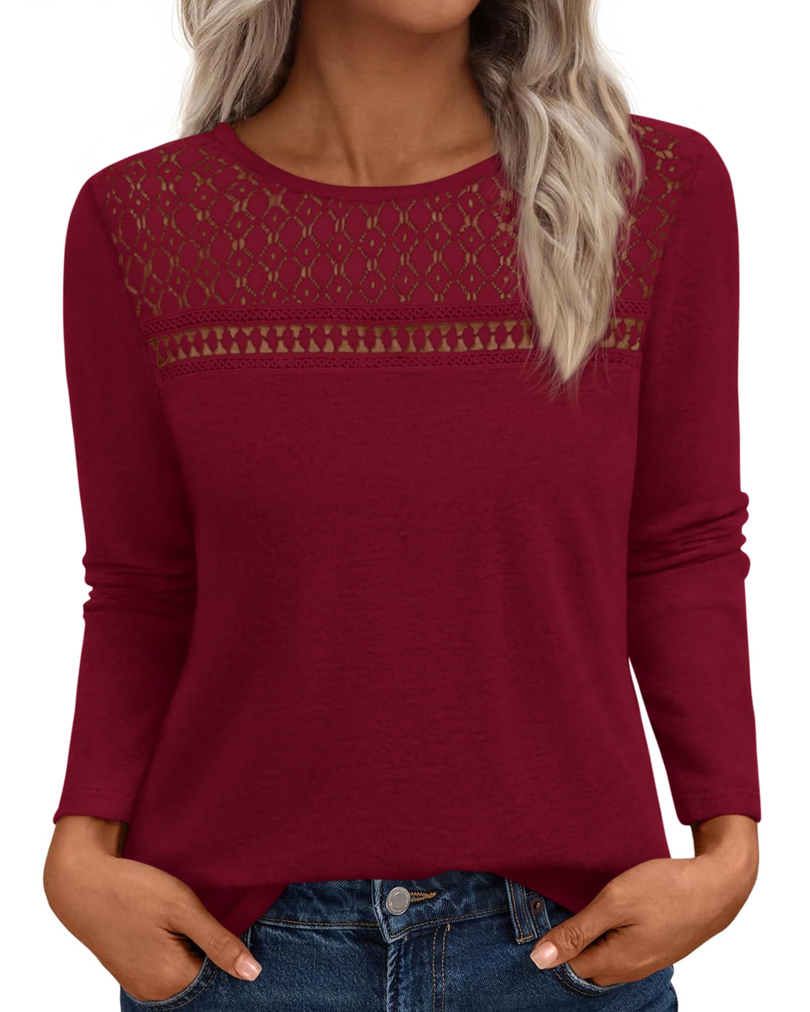 FreshPretty Lace Long Sleeve Shirts Womens Tops Dressy Casual Knit Boho Lightweight Blouses Winter Clothing Fall Fashion