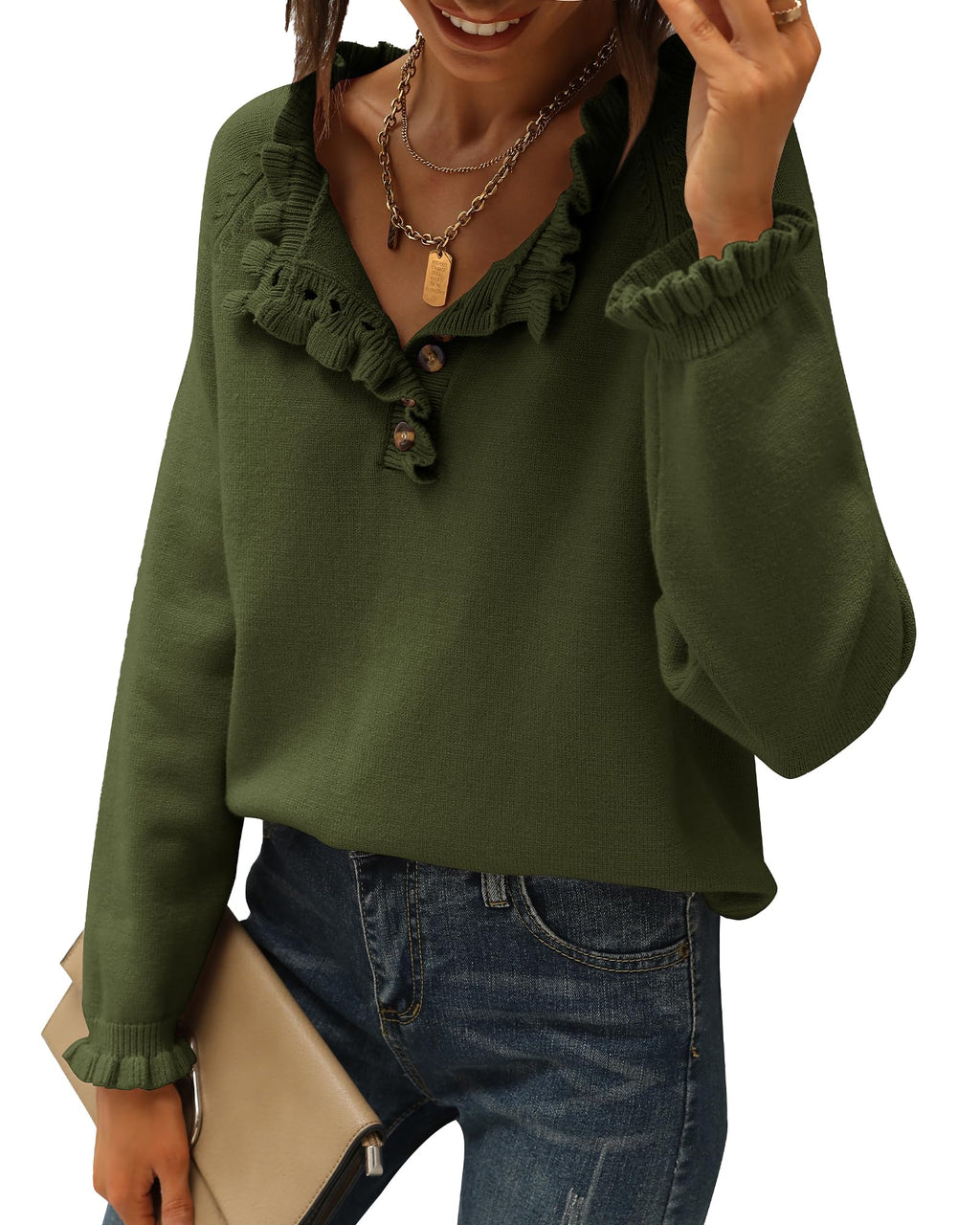 FreshPretty Womens Sweaters Fall Winter Clothes Long Sleeve Button Down Ruffle Crew Neck Casual Knitted Pullover Tops