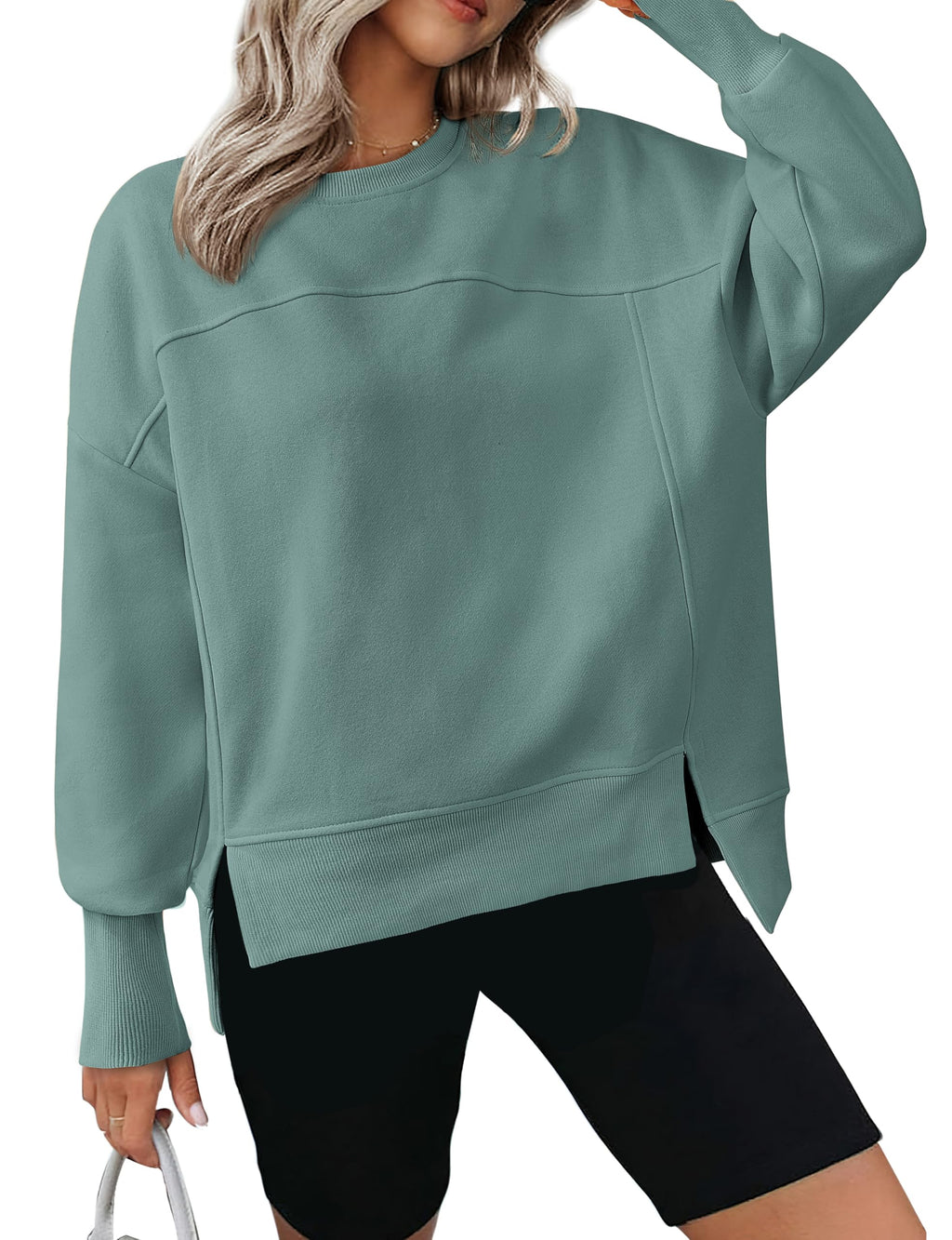 BTFBM Women's Casual Crewneck Sweatshirts Spring Long Sleeve Side Slit Workout Fleece Pullover Top Fashion Clothing