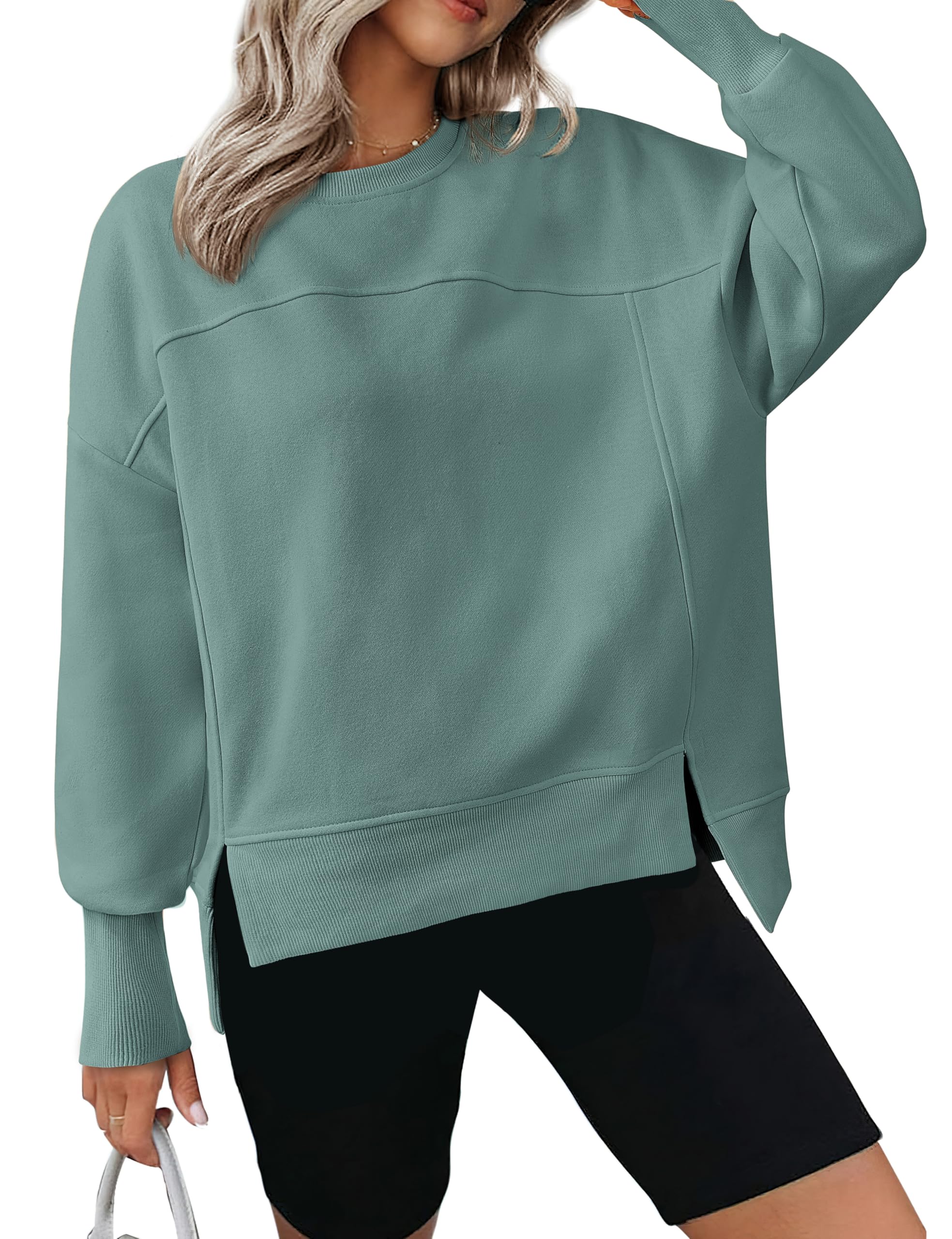 BTFBM Women's Casual Crewneck Sweatshirts Spring Long Sleeve Side Slit Workout Fleece Pullover Top Fashion Clothing