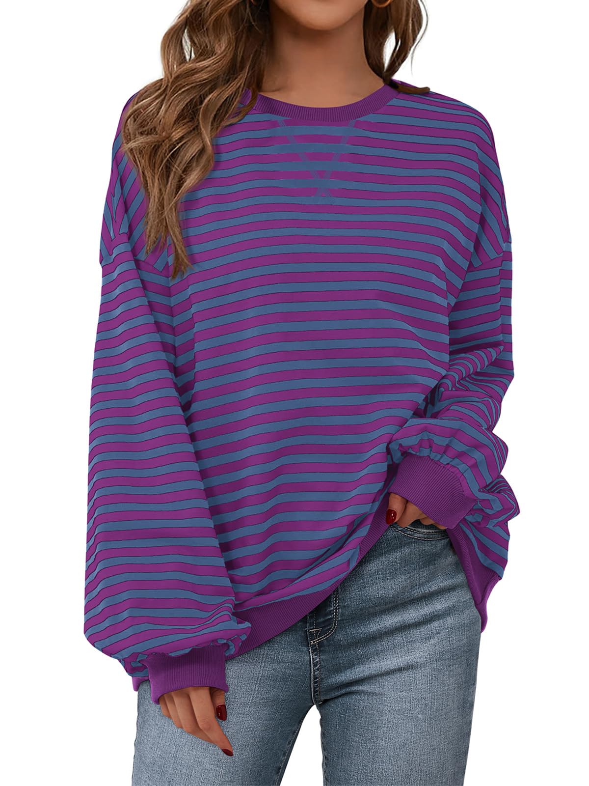 PRETTYGARDEN Womens Striped Oversized Sweatshirt Color Block Crew Neck Long Sleeve Casual Loose Pullover Top Y2K Clothes