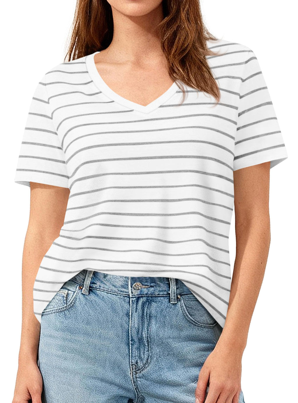 PRETTYGARDEN Short Sleeve Shirts for Women Spring V Neck Cute Tops Casual Striped Shirt Knitted Tees Summer Outfits