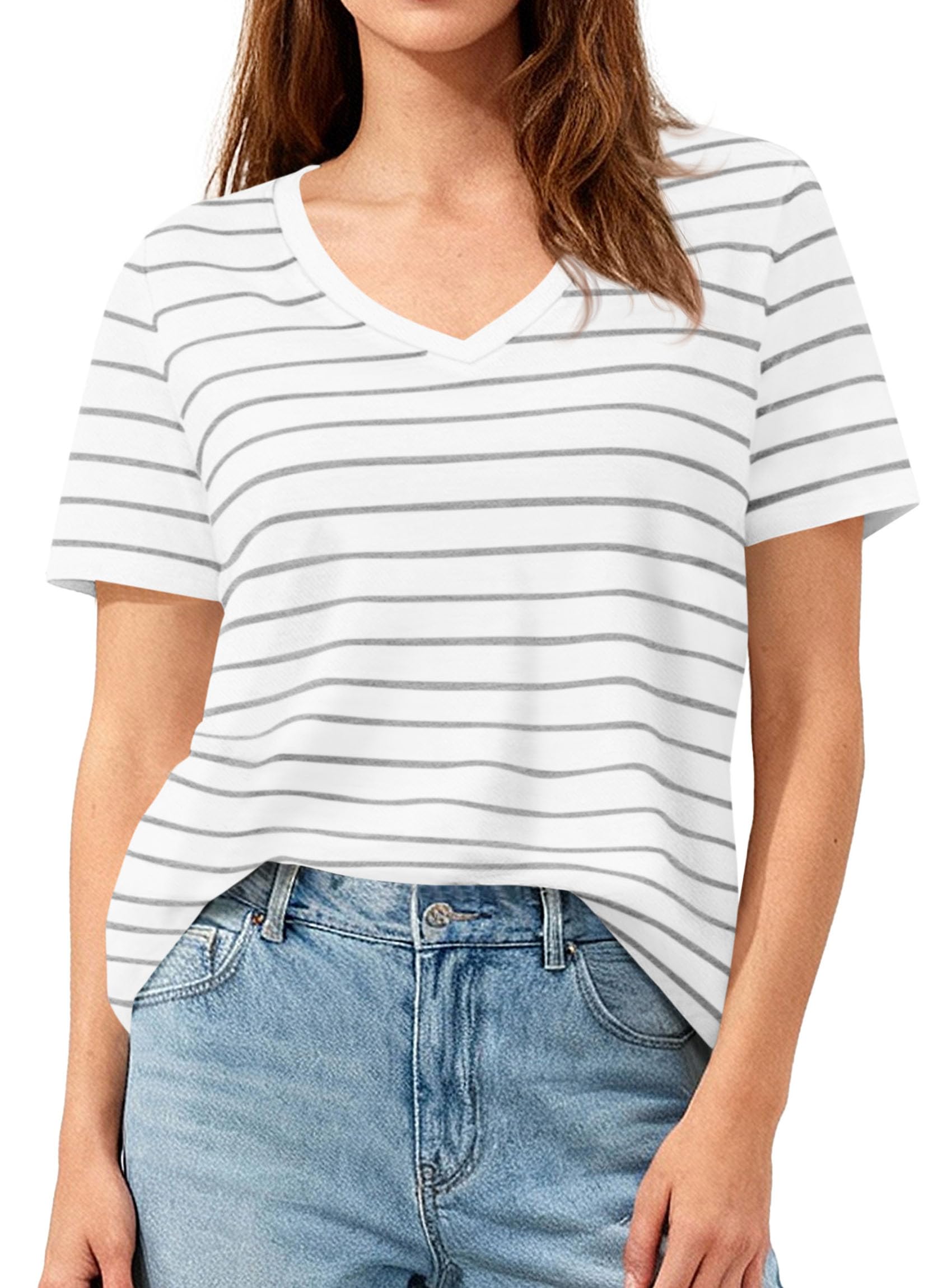 PRETTYGARDEN Short Sleeve Shirts for Women Spring V Neck Cute Tops Casual Striped Shirt Knitted Tees Summer Outfits