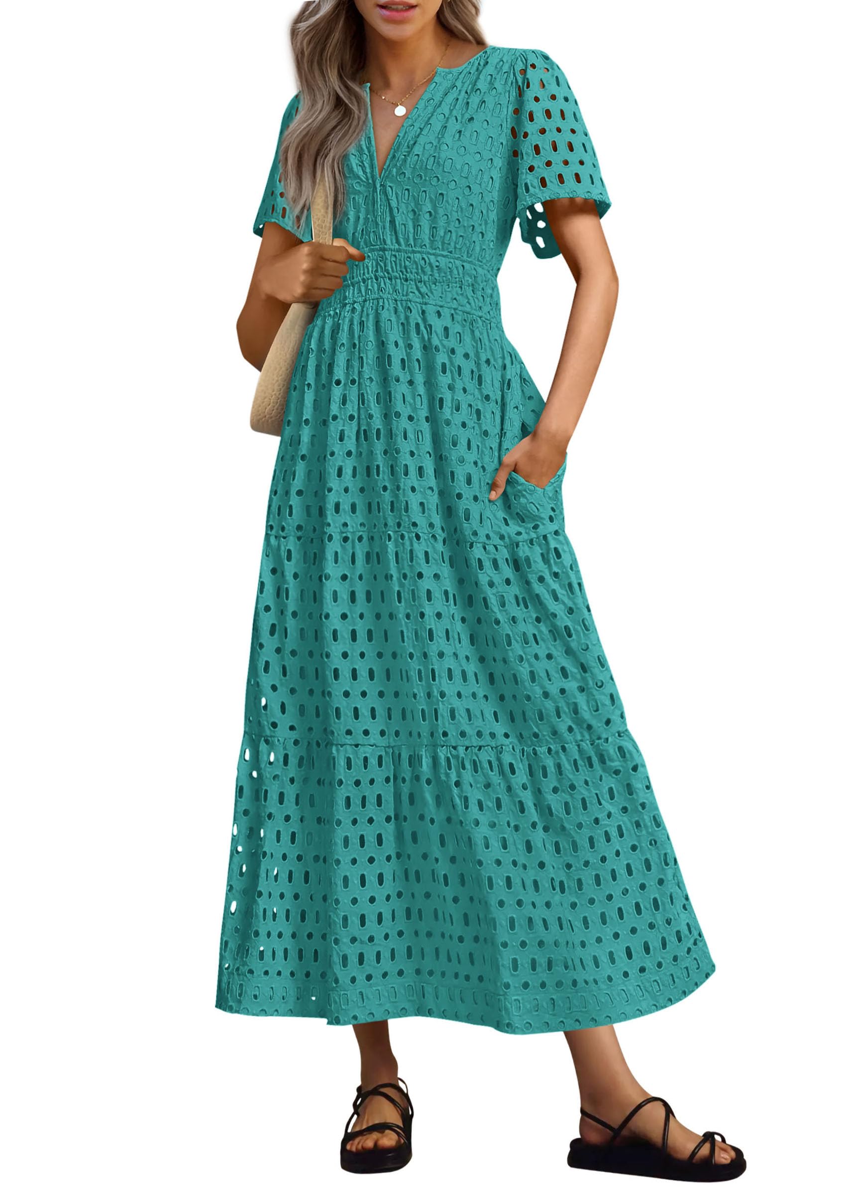 PRETTYGARDEN Womens Summer Maxi Dress Short Sleeve V Neck Hollow Out Eyelet A Line Long Flowy Beach Vacation Dresses