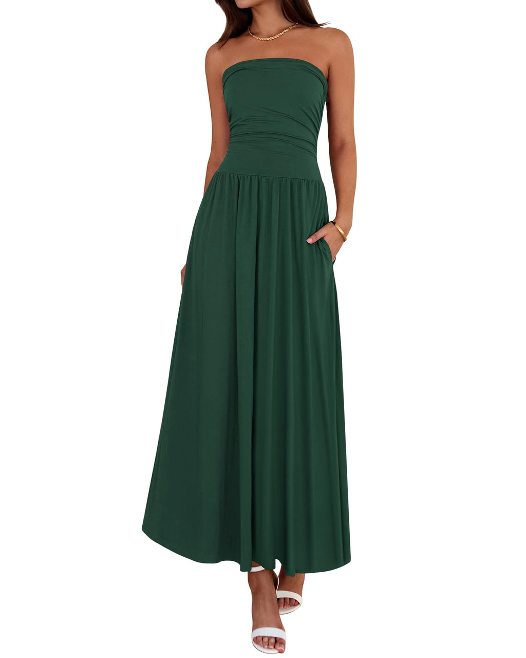 BTFBM Summer Maxi Dresses for Women Strapless Ruched Tube Top Beach Vacation Spring Wedding Guest Dress Pockets